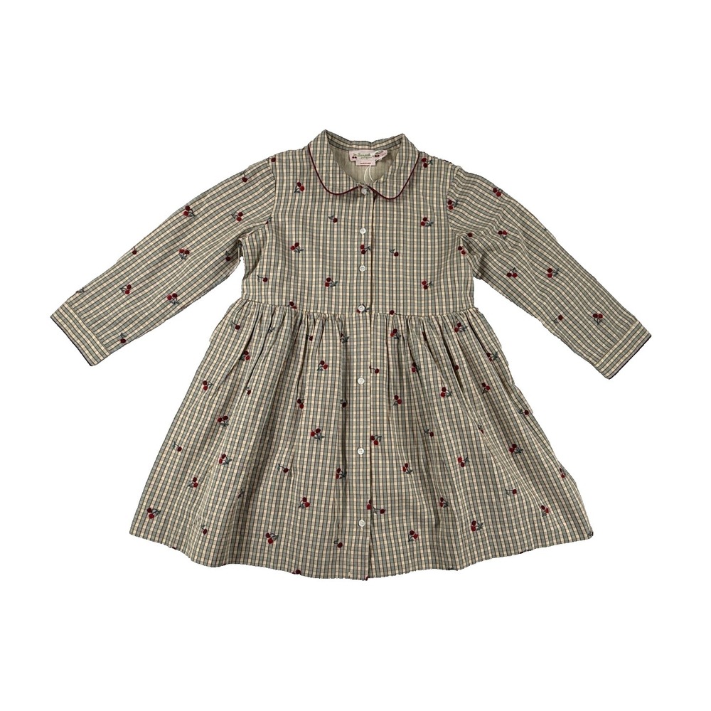 NWT Bonpoint Girls Cherry Embroidered Gingham Dress Long Sleeve 6A